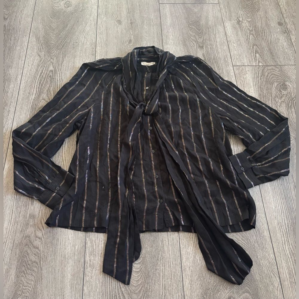 Universal thread Striped Black Sheer Blouse with Tie Neck